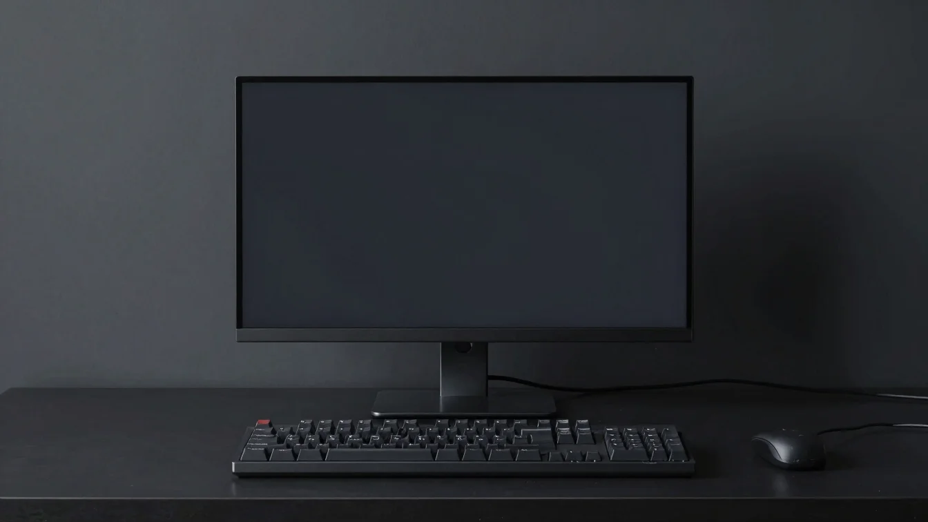 Minimalist desk configuration with a mechanical keyboard and a clean wireframe mockup on a dark display under ambient li