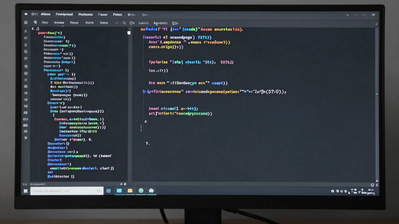 Close-up macro shot of a sleek developer workstation displaying lines of code in high contrast on a dark charcoal backgr
