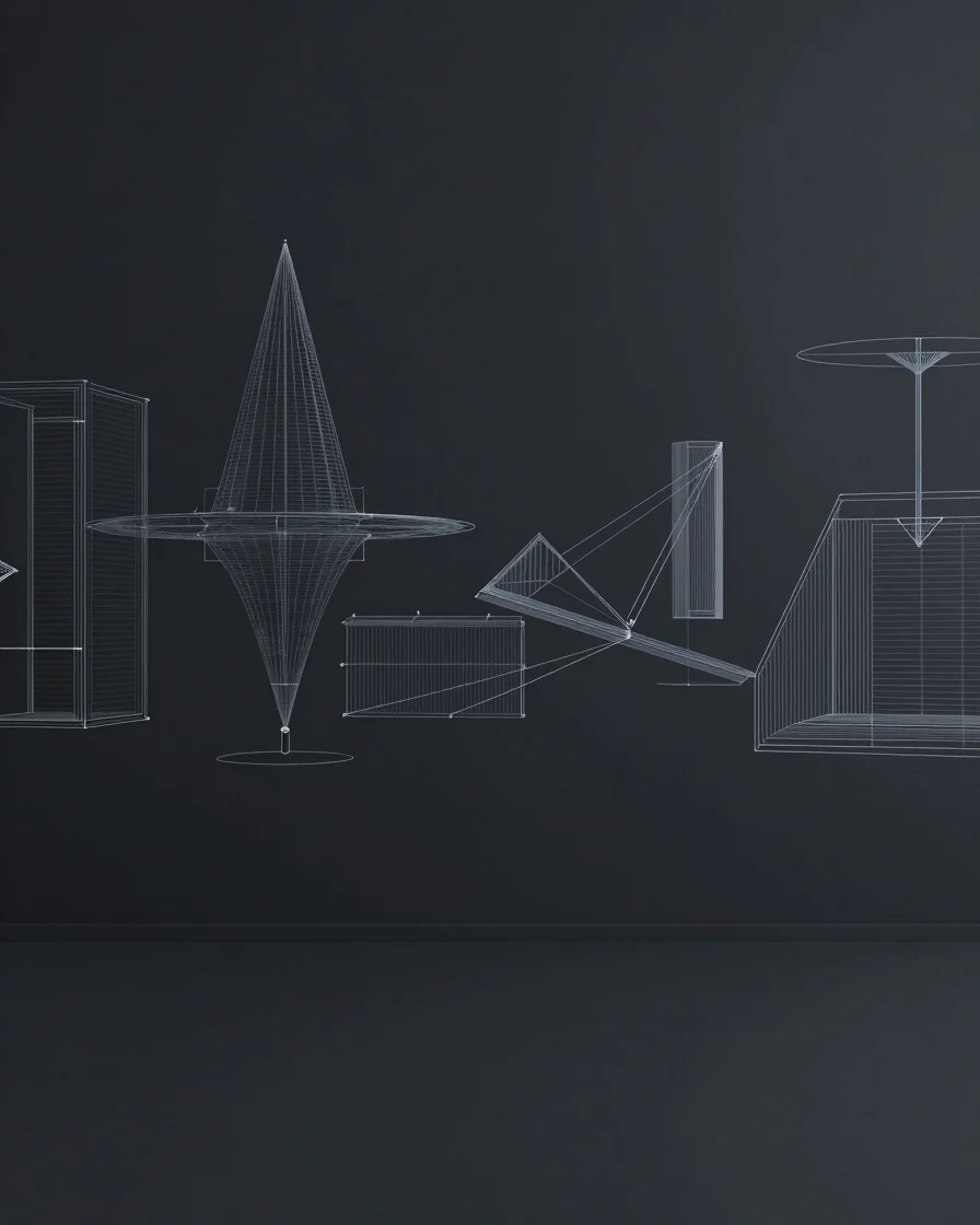 Abstract structural geometry and clean wireframe blueprints rendered in subtle slate tones on a dark charcoal backdrop.