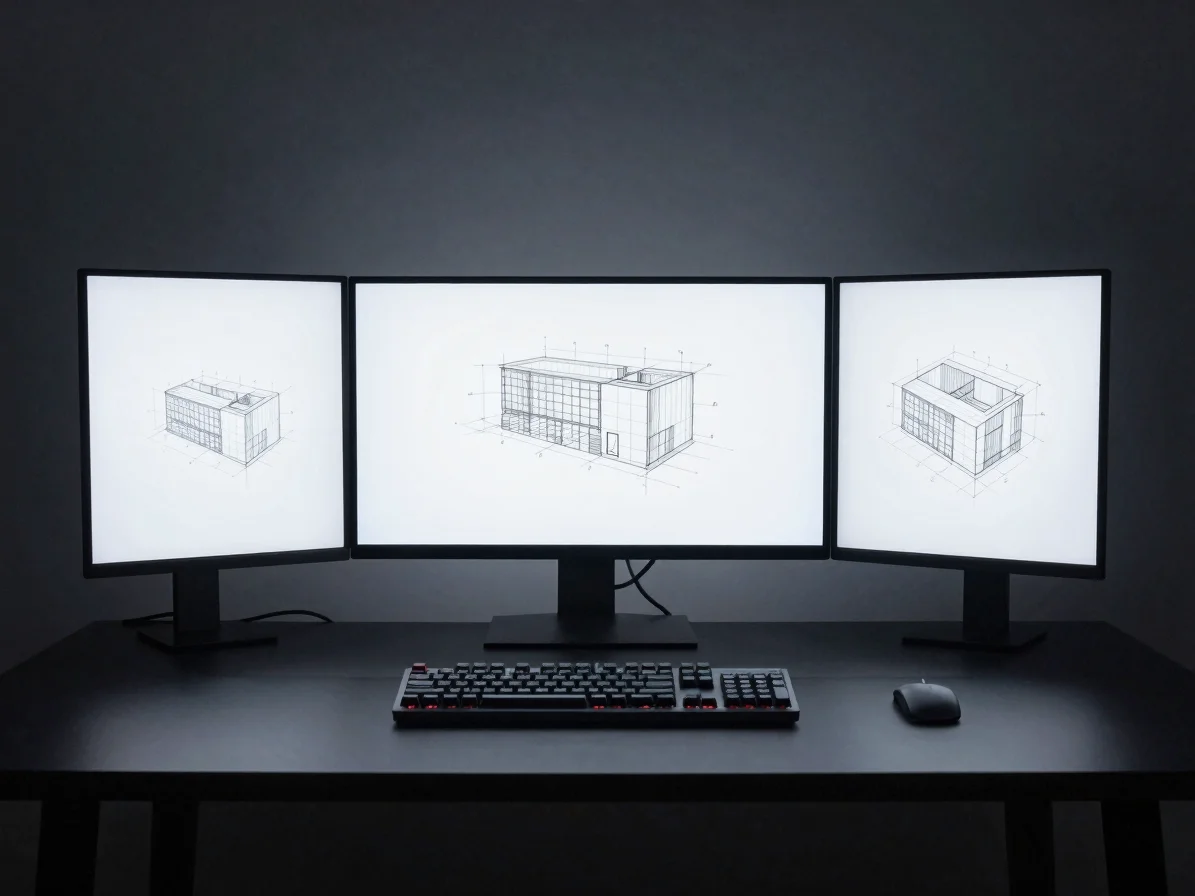Clean minimal developer desk with dark mechanical keyboard and architectural wireframes on display, ambient slate studio