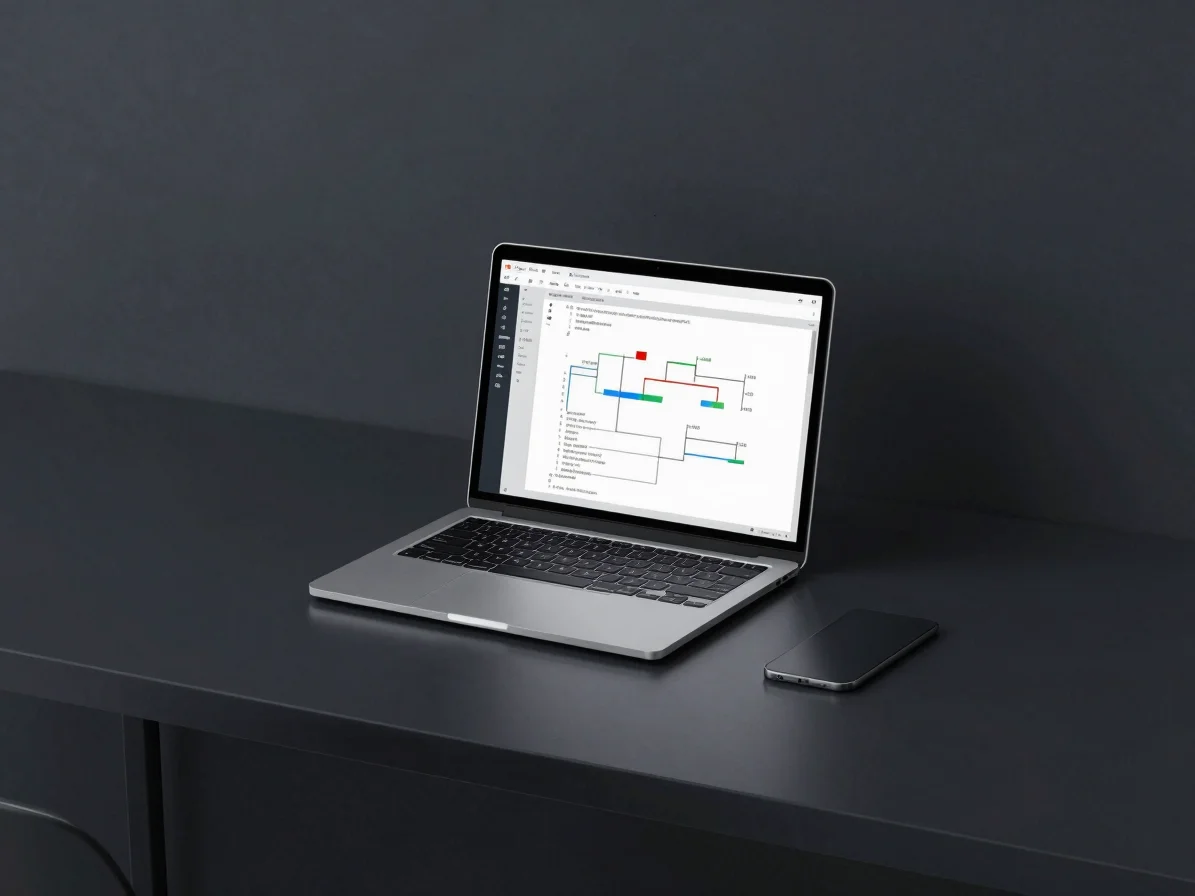 Overhead minimalist workspace with a modern laptop displaying data flow diagrams and clean code blocks, ambient cool lig