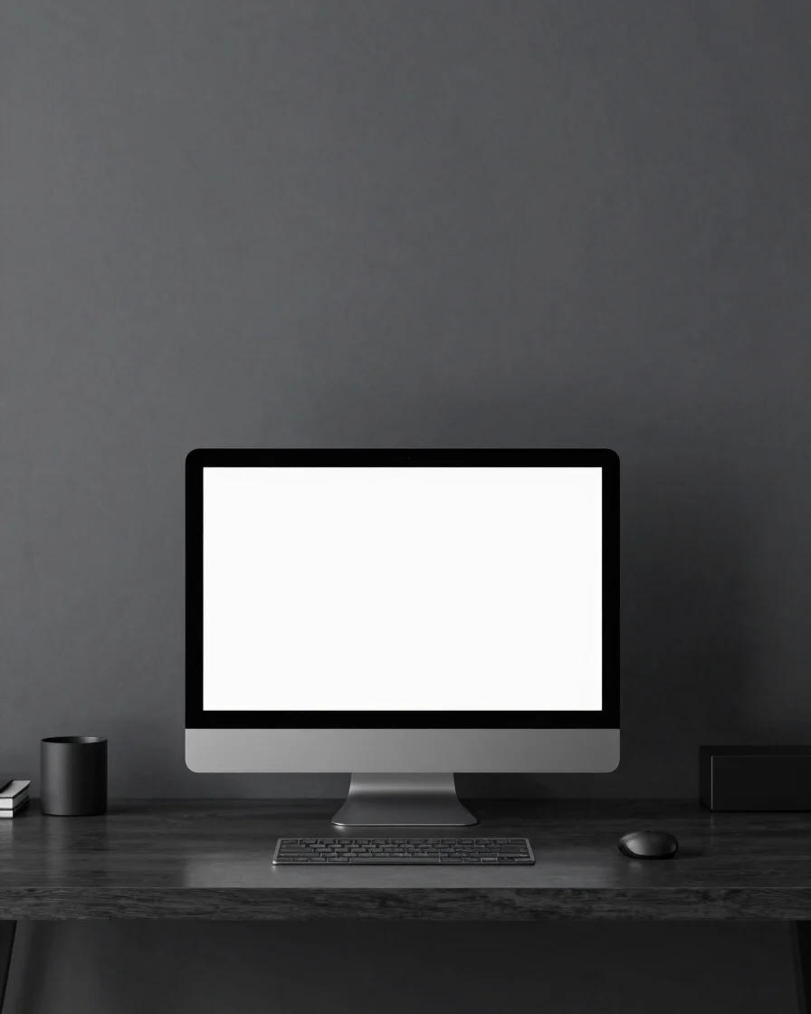 Minimalist desk configuration with clean device mockups, soft studio lighting, dark charcoal tones, sharp focus, 35mm