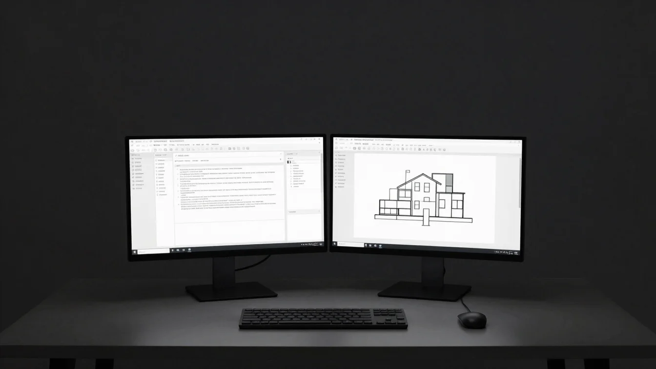 Overhead desk layout showing minimalist dual monitors displaying clean terminal logs and architecture diagrams, dark amb